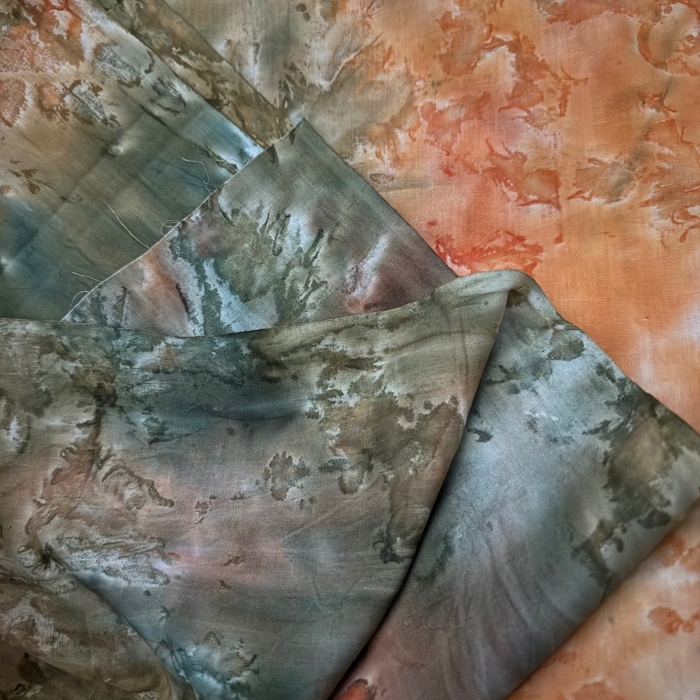 Hand Dyed Batik Fabric 4.25 Yards Earth Tones Orange Green Marble Pattern